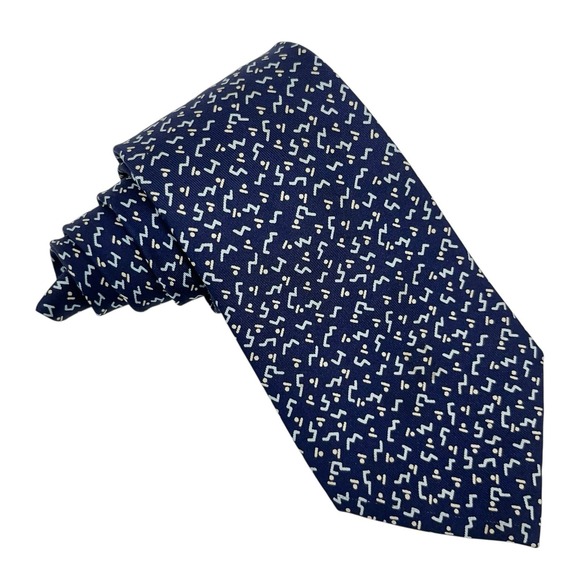 Hermes Men's Tie Navy Blue Geometric Satin Silk 7680 TA 3.5" (W) x 57" (L) guc - Picture 5 of 8